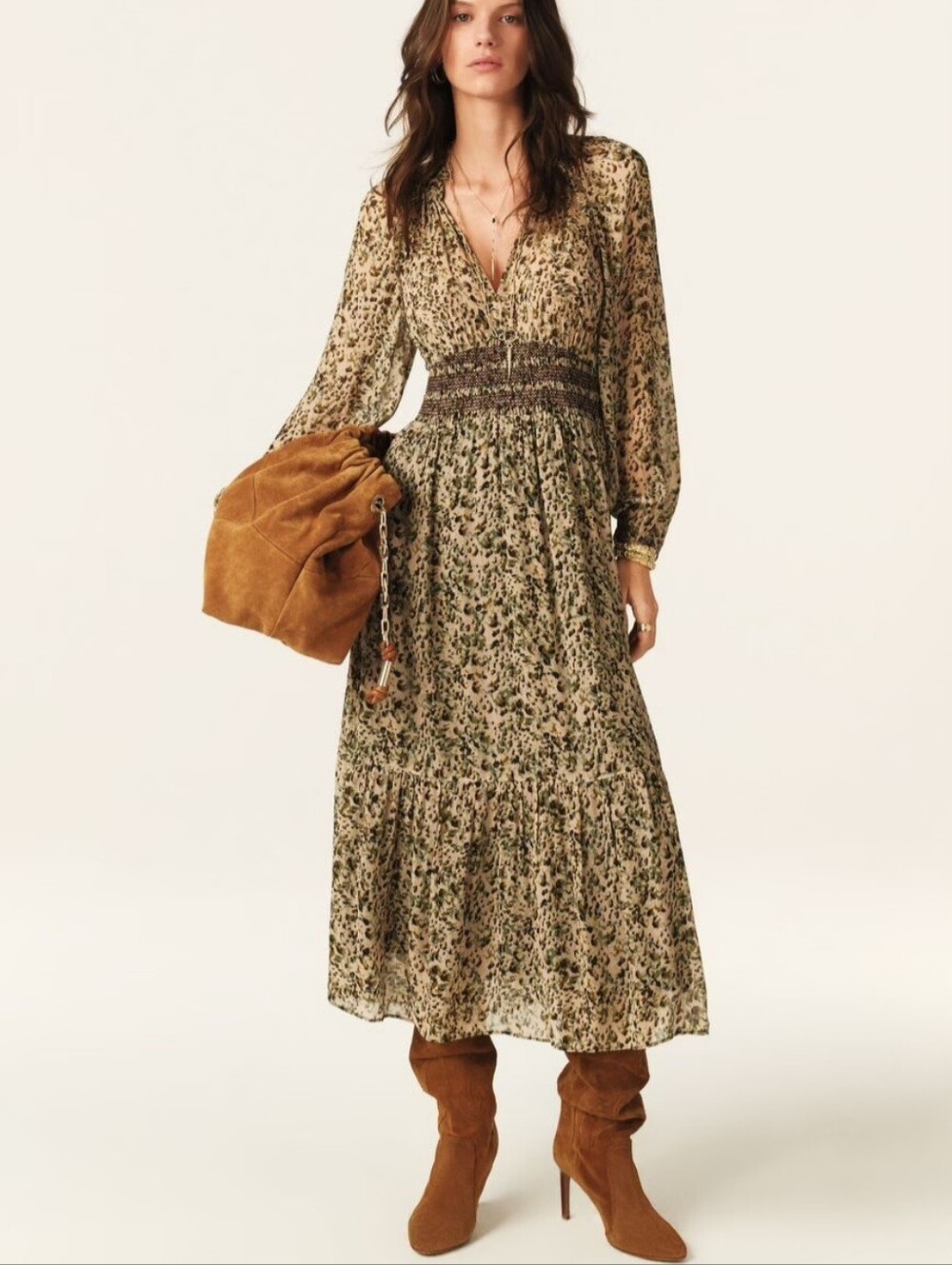 Ba&sh Coraly Smocked Waist Maxi Dress Size XL Flowy Ethereal Feminine Boho Fall